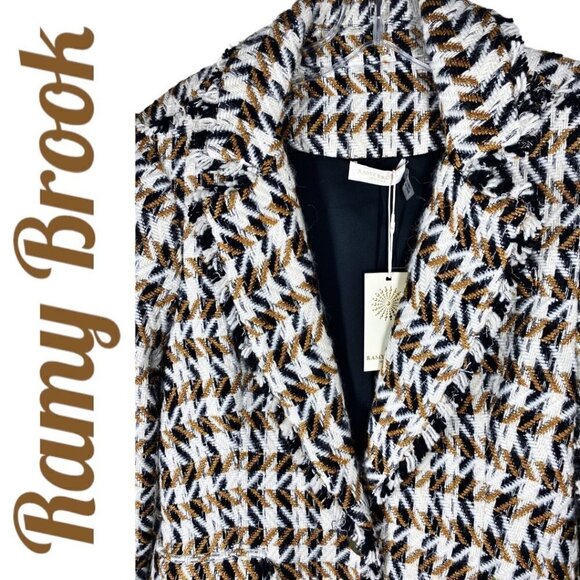 NWT RAMY BROOK Mallary Gold Plaid Tweed Wool Blend Blazer Fringe Trim, Size 8 - Picture 5 of 11